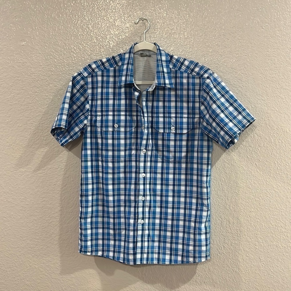 Great Northwest Mens Size S Short Sleeve Fishing Vented Blue Plaid Shirt Hiking